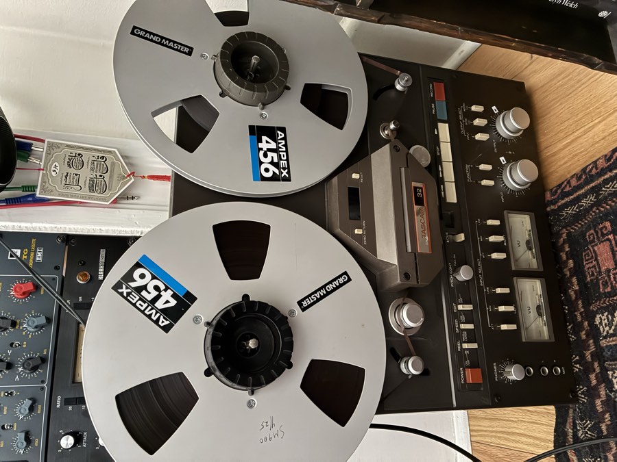 Tascam 32 reel-to-reel tape machine loaded with Ampex 456 tape reels